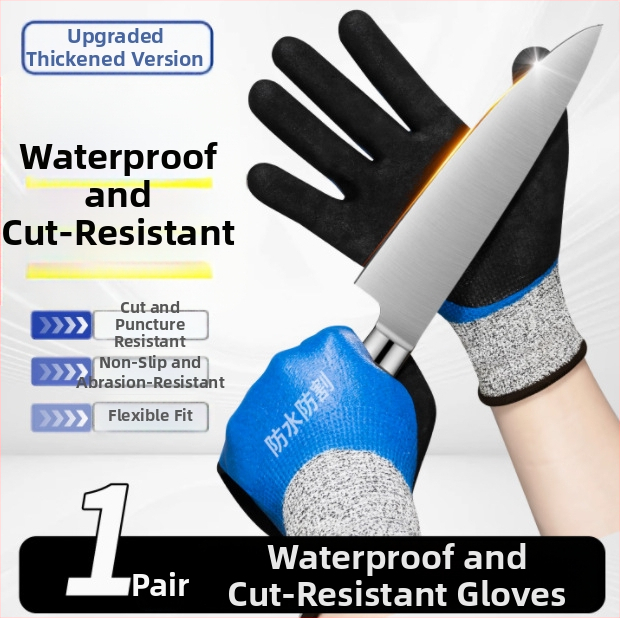 Jūros gėrybių tvarkymo pirštinės su natūralaus kaučiuko išore ir Kevlar pamušalu; atsparios vandeniui, žemoms temperatūroms ir išlaiko šilumą