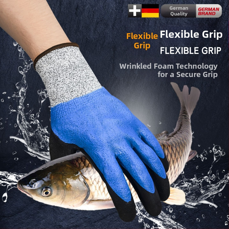 Jūras veltņu apstrādei paredzētas cimdi ar dabīgā kaučuka ārējo virsmu un Kevlar pildījumu; ūdensnecaurlaidīgi, ar zemu temperatūru pretestību un siltuma saglabāšanu