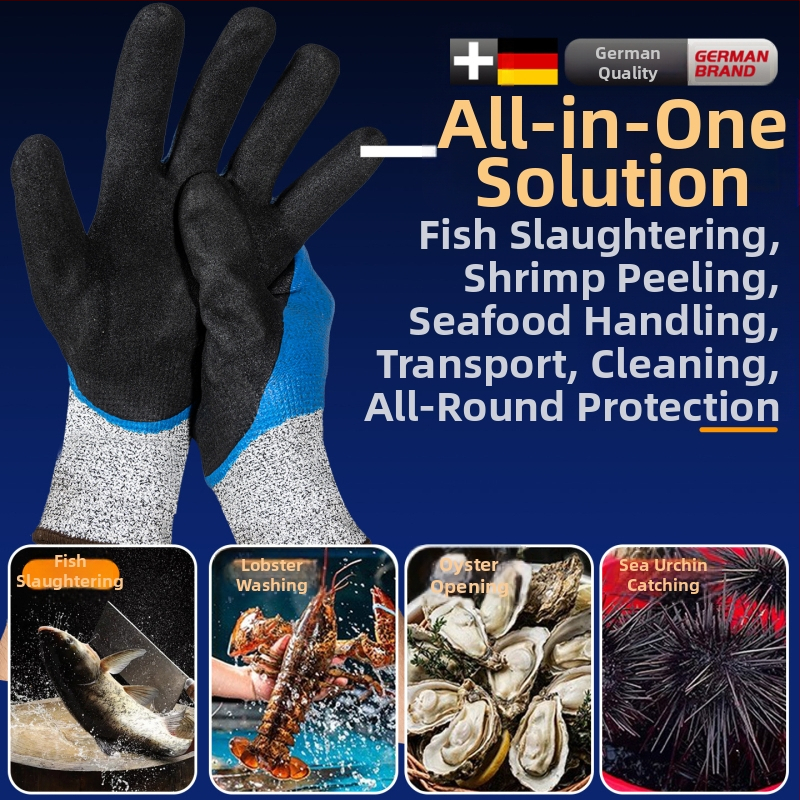 Jūras veltņu apstrādei paredzētas cimdi ar dabīgā kaučuka ārējo virsmu un Kevlar pildījumu; ūdensnecaurlaidīgi, ar zemu temperatūru pretestību un siltuma saglabāšanu