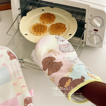 Cepeškrāsns cimdi pret apdegumiem, anti-slip, izturīgi pret augstām temperatūrām, materiāls: neilons + kokvilna un lina, karikatūras raksts, garums 27,5 cm