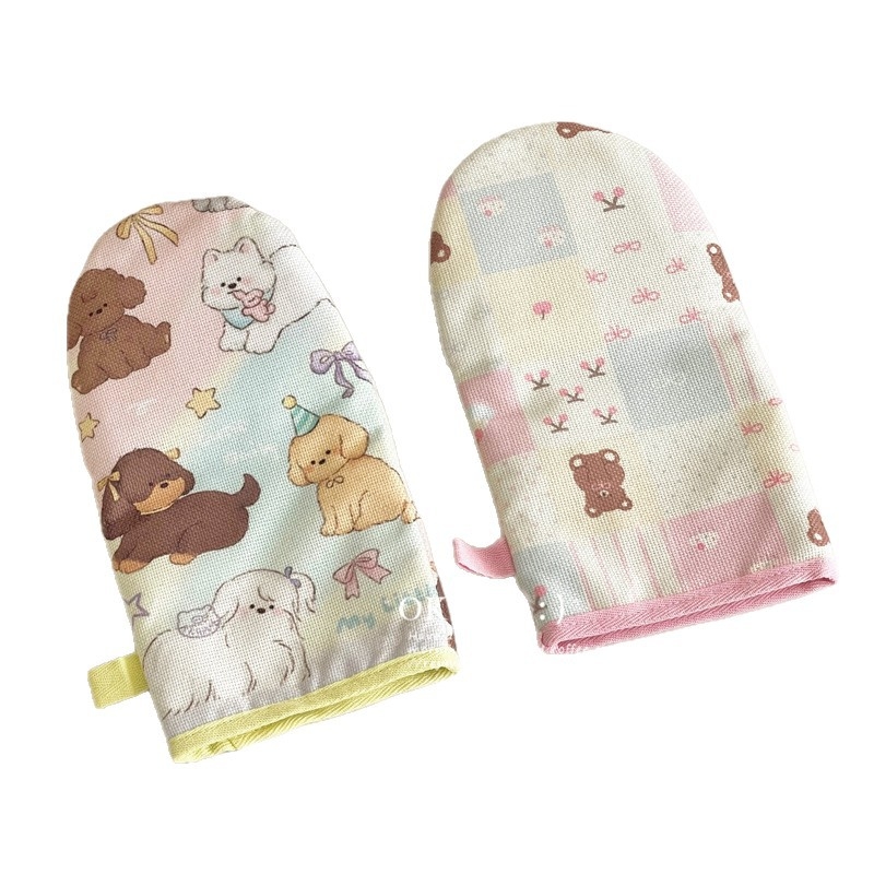 Cepeškrāsns cimdi pret apdegumiem, anti-slip, izturīgi pret augstām temperatūrām, materiāls: neilons + kokvilna un lina, karikatūras raksts, garums 27,5 cm