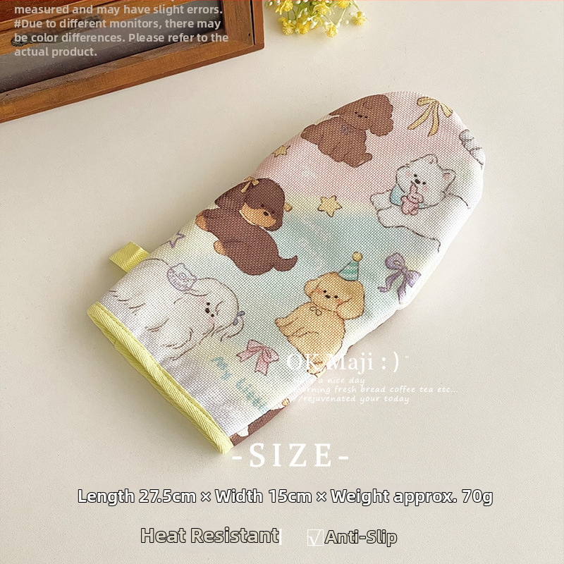 Cepeškrāsns cimdi pret apdegumiem, anti-slip, izturīgi pret augstām temperatūrām, materiāls: neilons + kokvilna un lina, karikatūras raksts, garums 27,5 cm