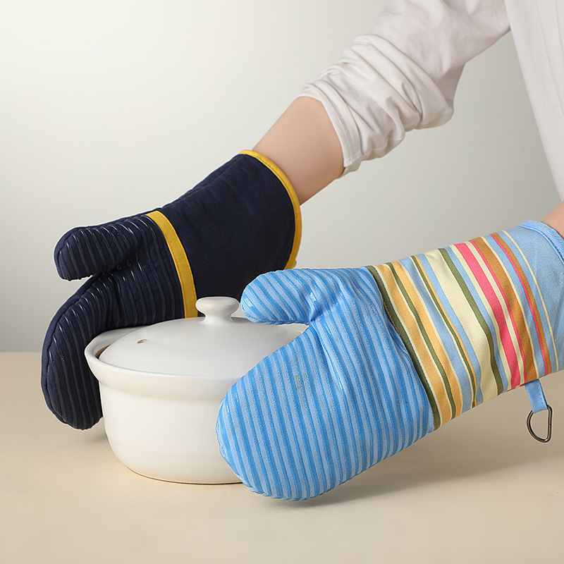 Mikroviļņu silikona cimdi – neslīdoši, biezas, siltuma izolācija, kokvilnas-silikons, svītrainais raksts