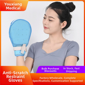 Apsiribojančios pirštinės vyresniems žmonėms riešo fiksacijai, kvėpuojanti tinklinė medžiaga, su vidinėmis dirželėmis ir virve