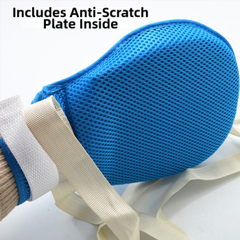 Apsiribojančios pirštinės vyresniems žmonėms riešo fiksacijai, kvėpuojanti tinklinė medžiaga, su vidinėmis dirželėmis ir virve