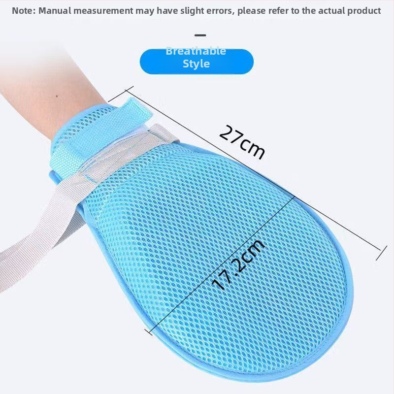 Apsiribojančios pirštinės vyresniems žmonėms riešo fiksacijai, kvėpuojanti tinklinė medžiaga, su vidinėmis dirželėmis ir virve