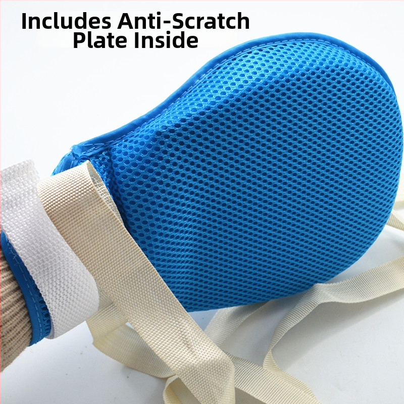 Apsiribojančios pirštinės vyresniems žmonėms riešo fiksacijai, kvėpuojanti tinklinė medžiaga, su vidinėmis dirželėmis ir virve