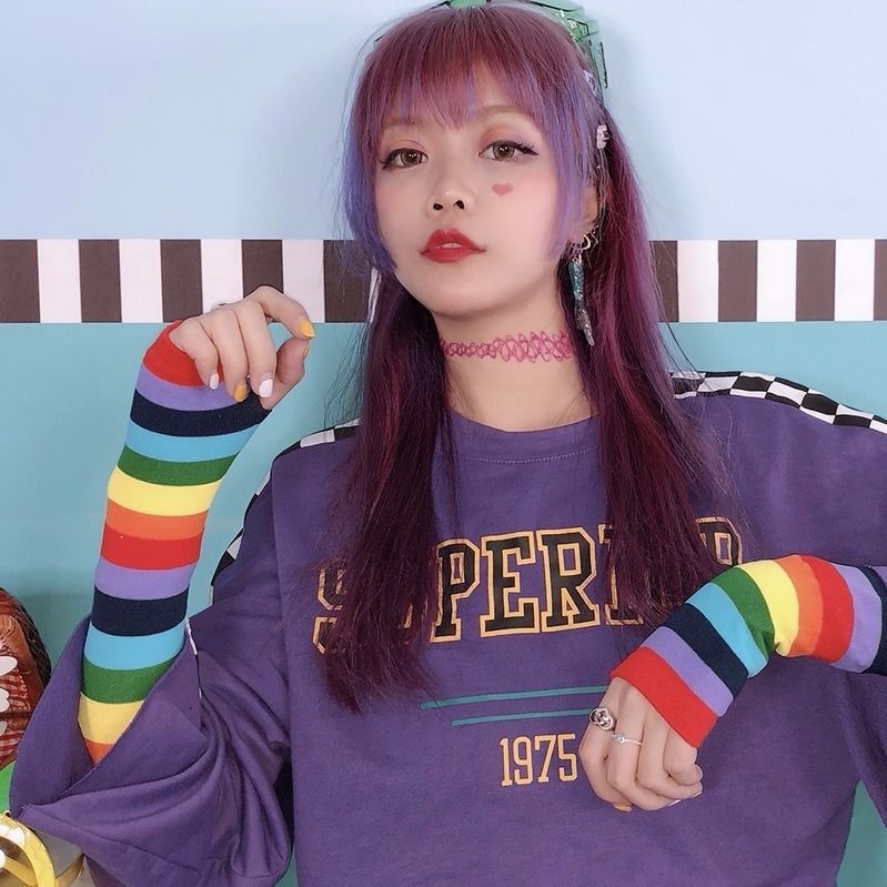 Moteriška mezginė saulės apsauga rankovė – Harajuku stilius, miela vaivorykštės oversleeve, saulės apsauga, poliesterio audinys (71–80% turinys)