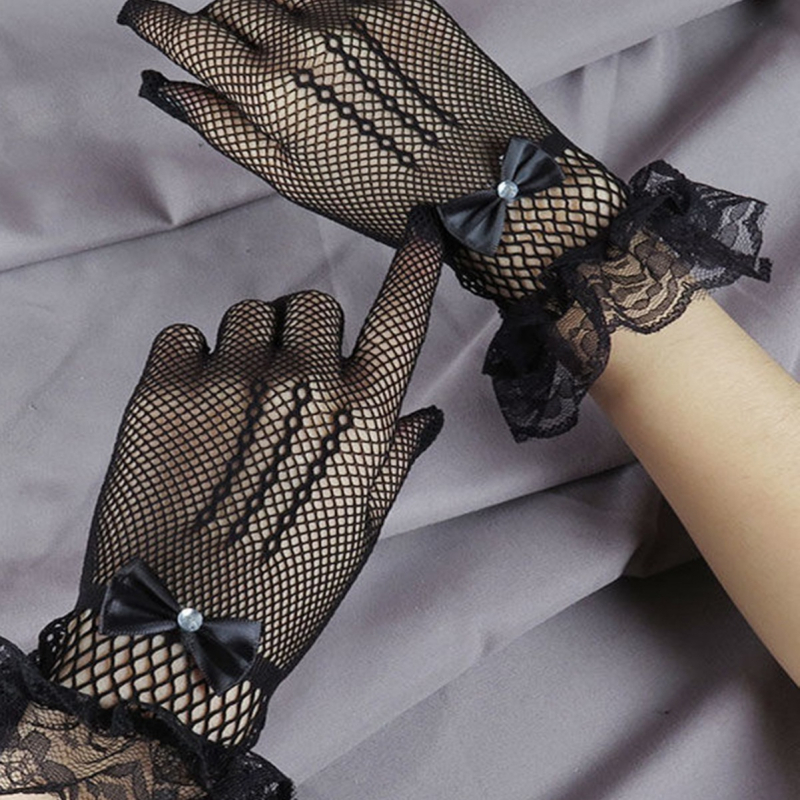 Ženske tanke mrežaste rukavice s prozirnom čipkom i dijamantnom mašnicom, poliester, ljeto 2024