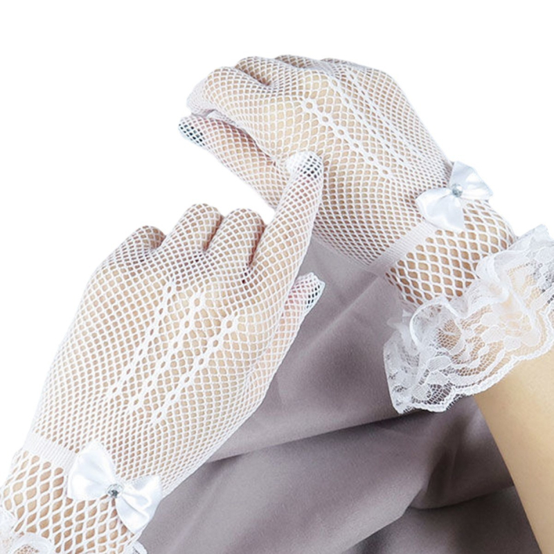 Ženske tanke mrežaste rukavice s prozirnom čipkom i dijamantnom mašnicom, poliester, ljeto 2024