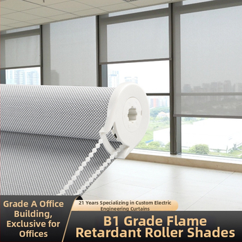 B1 tulekindlad rulood — polüester + PVC, kohandatavad, kontoritele ja ärihoonetele, varjutuse variandid 0%, 1%, 3%, 5%, täielik varjutus / läbipaistev / osaline