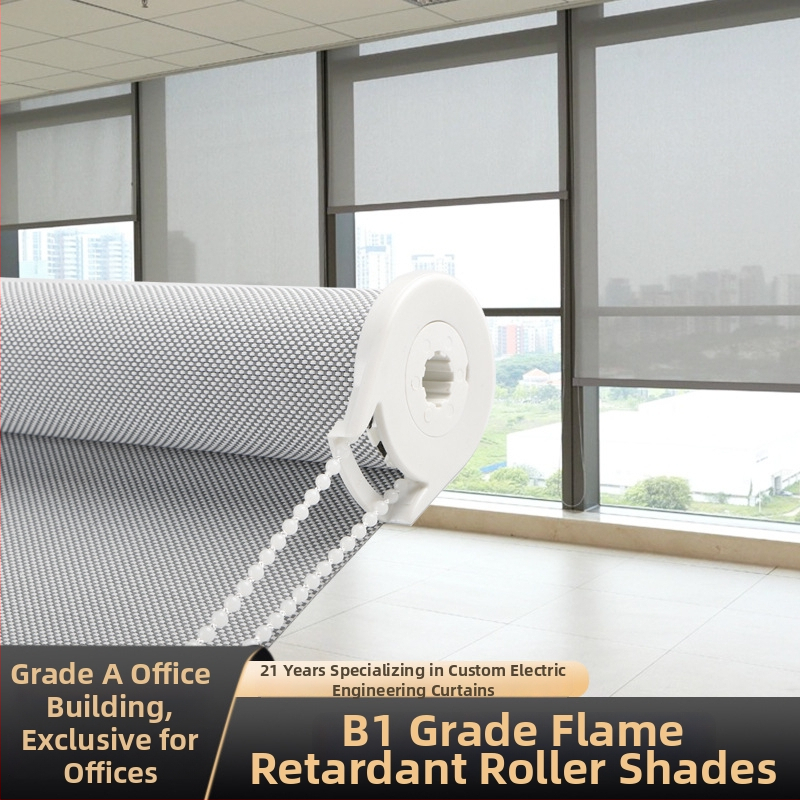 B1 tulekindlad rulood — polüester + PVC, kohandatavad, kontoritele ja ärihoonetele, varjutuse variandid 0%, 1%, 3%, 5%, täielik varjutus / läbipaistev / osaline