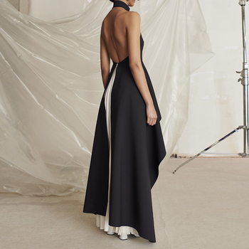 Rochie de seară în stil franțuzesc, guler halter, pentru femei, lungă, plisată, fără mâneci, talie înaltă, tren (Guler: halter; Mâneci: fără mâneci; Talie: înaltă; Siluetă: tren; Material: 70-80% poliester, 70-80% spandex)