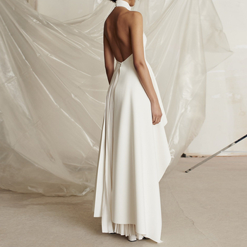 Rochie de seară în stil franțuzesc, guler halter, pentru femei, lungă, plisată, fără mâneci, talie înaltă, tren (Guler: halter; Mâneci: fără mâneci; Talie: înaltă; Siluetă: tren; Material: 70-80% poliester, 70-80% spandex)