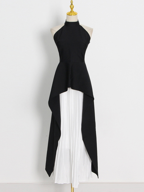 Rochie de seară în stil franțuzesc, guler halter, pentru femei, lungă, plisată, fără mâneci, talie înaltă, tren (Guler: halter; Mâneci: fără mâneci; Talie: înaltă; Siluetă: tren; Material: 70-80% poliester, 70-80% spandex)