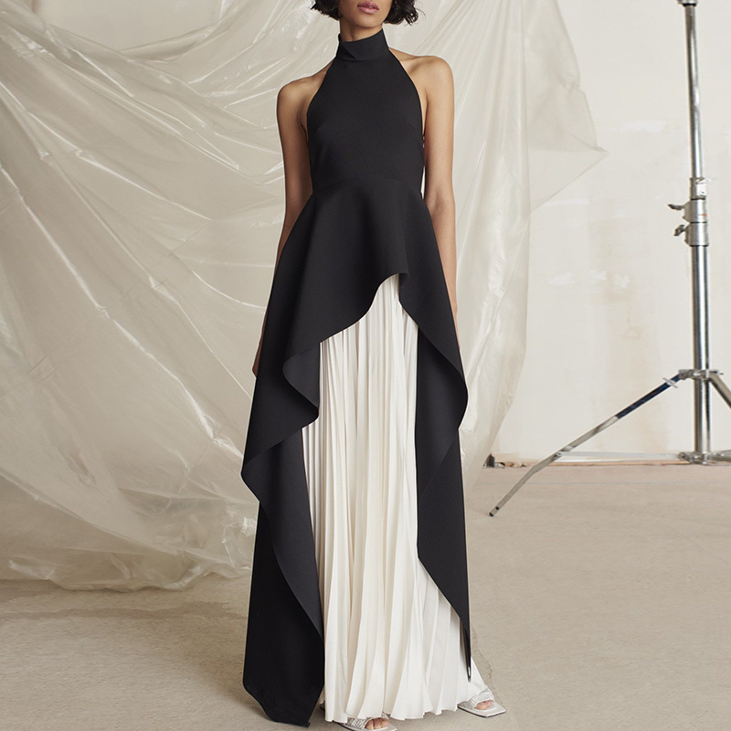 Rochie de seară în stil franțuzesc, guler halter, pentru femei, lungă, plisată, fără mâneci, talie înaltă, tren (Guler: halter; Mâneci: fără mâneci; Talie: înaltă; Siluetă: tren; Material: 70-80% poliester, 70-80% spandex)