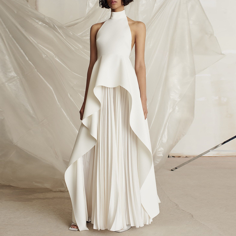 Rochie de seară în stil franțuzesc, guler halter, pentru femei, lungă, plisată, fără mâneci, talie înaltă, tren (Guler: halter; Mâneci: fără mâneci; Talie: înaltă; Siluetă: tren; Material: 70-80% poliester, 70-80% spandex)