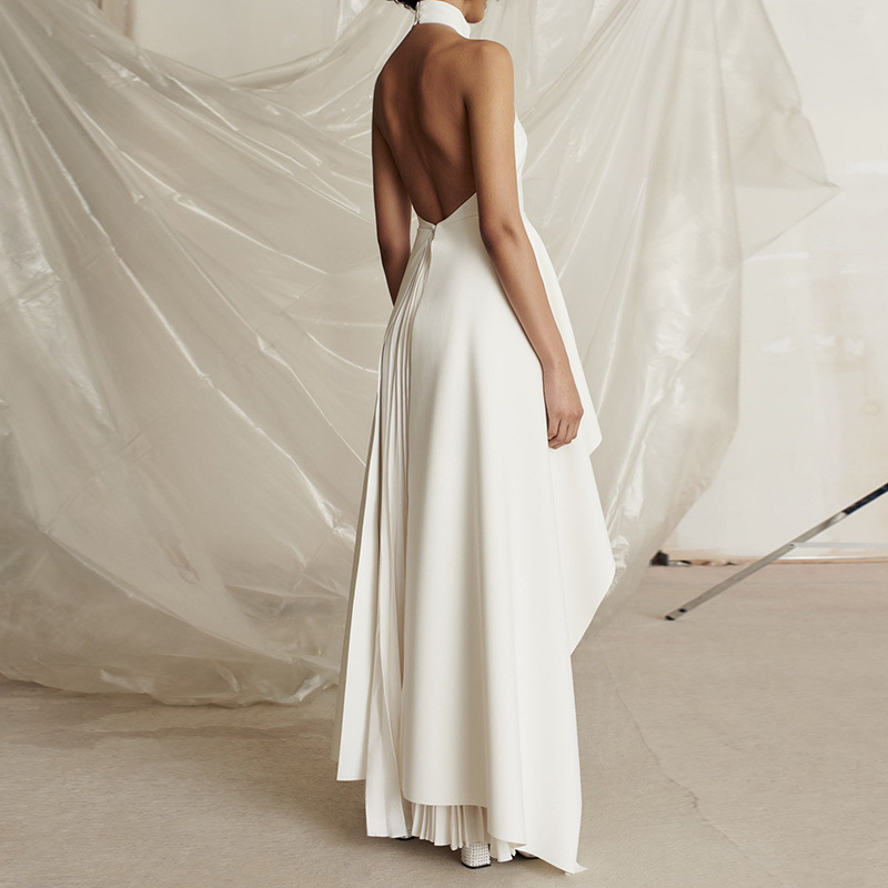 Rochie de seară în stil franțuzesc, guler halter, pentru femei, lungă, plisată, fără mâneci, talie înaltă, tren (Guler: halter; Mâneci: fără mâneci; Talie: înaltă; Siluetă: tren; Material: 70-80% poliester, 70-80% spandex)