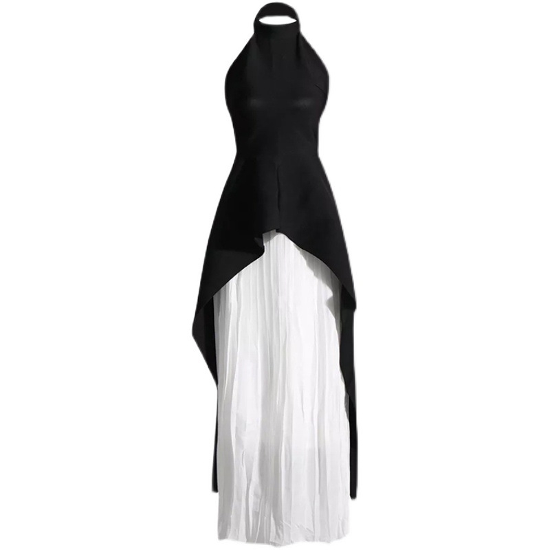 Rochie de seară în stil franțuzesc, guler halter, pentru femei, lungă, plisată, fără mâneci, talie înaltă, tren (Guler: halter; Mâneci: fără mâneci; Talie: înaltă; Siluetă: tren; Material: 70-80% poliester, 70-80% spandex)