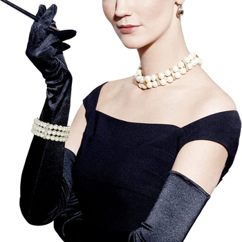 Mănuși lungi din catifea, până la cot, stil operă-petrecere, cu 3 rânduri de perle albe artificiale, încheietură elastică