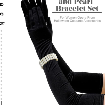 Mănuși lungi din catifea, până la cot, stil operă-petrecere, cu 3 rânduri de perle albe artificiale, încheietură elastică