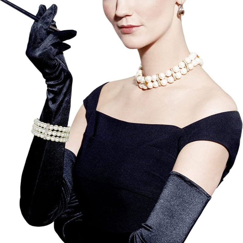 Mănuși lungi din catifea, până la cot, stil operă-petrecere, cu 3 rânduri de perle albe artificiale, încheietură elastică