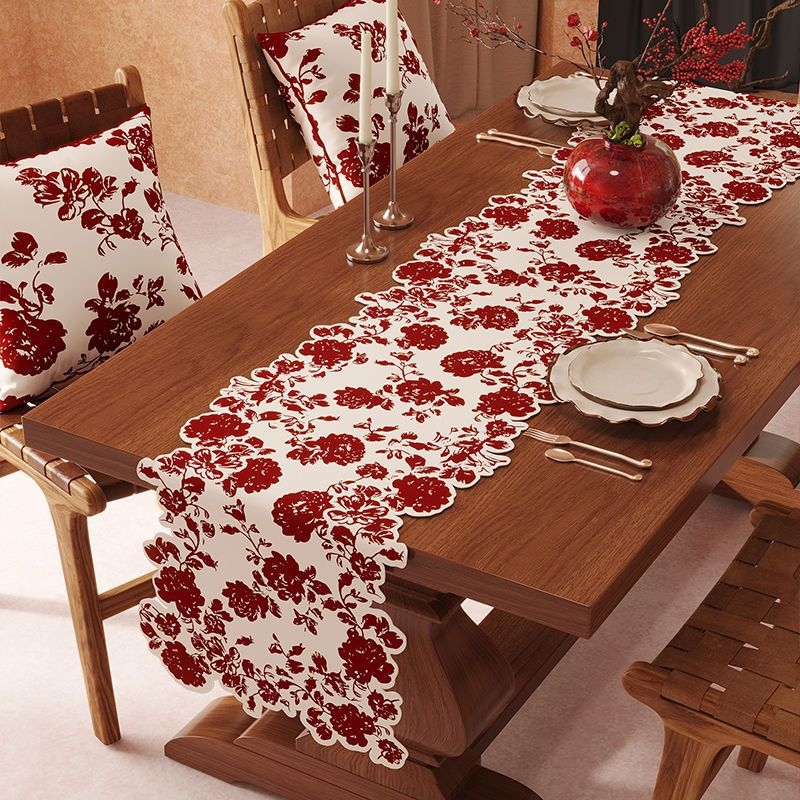 Runner de Masă în stil Chinezesc, cu motiv Fericire dublă, material PU, bandă lungă, impermeabil și rezistent la ulei, design festiv