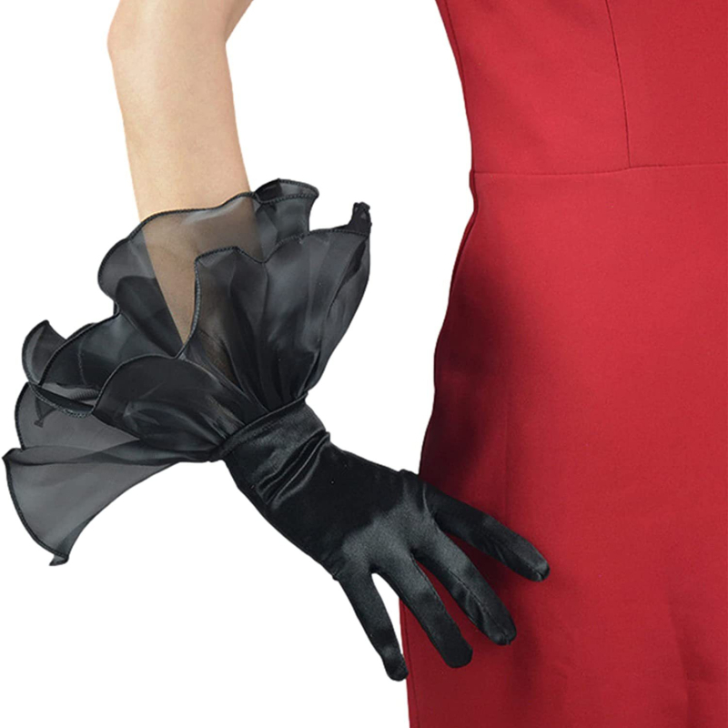 Satino vestuvinės pirštinės moterims, trumpas stilius su volanu, dekoratyvios