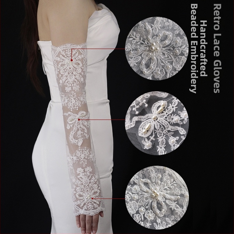 Vestuvinės pirštinės – rūmų stiliaus, siuvinėtos karoliukais ir nėriniu, be pirštų, poliesteris