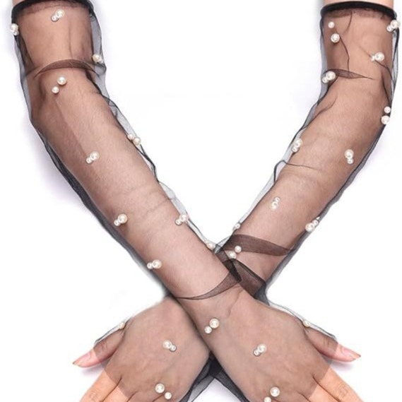 Nuotakos perlinės tinklinės pirštinės, ilgos, be pirštų, dekoratyvinis aksesuaras nuotakos suknelei