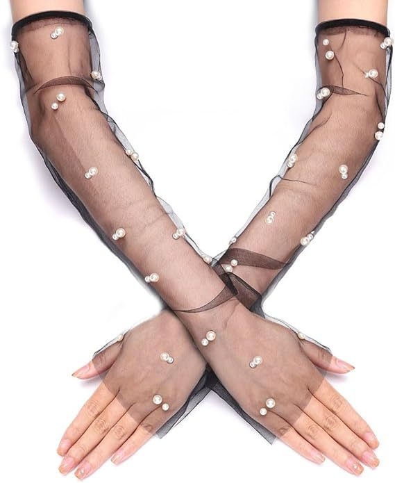 Nuotakos perlinės tinklinės pirštinės, ilgos, be pirštų, dekoratyvinis aksesuaras nuotakos suknelei