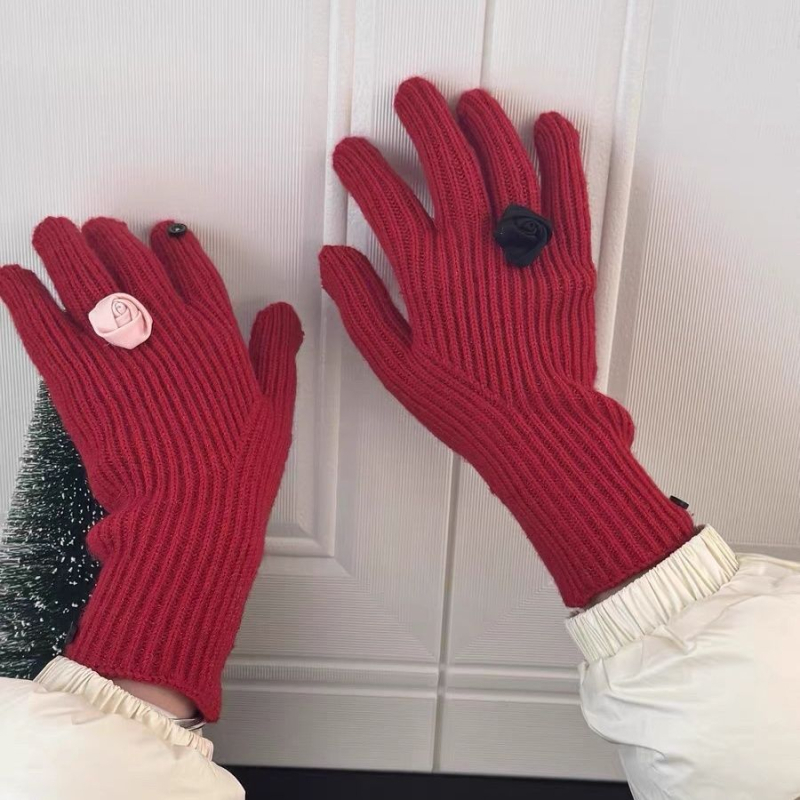 Moteriški megztiniai pirštinės su gėlių raštu ir flip viršeliu žiemai