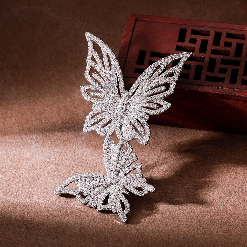Broșă cu fluture dublu, rhinestone, placare electroplată, stil lux ușor, modelul 3283093, primăvara 2024