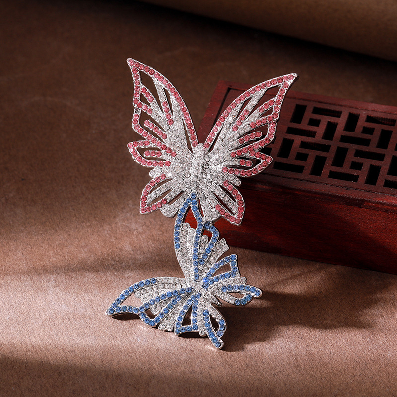 Broșă cu fluture dublu, rhinestone, placare electroplată, stil lux ușor, modelul 3283093, primăvara 2024