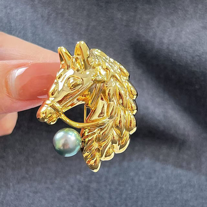 Broșă din cupru, cap de cal, micro-setare, unisex, stil medieval retro-literar