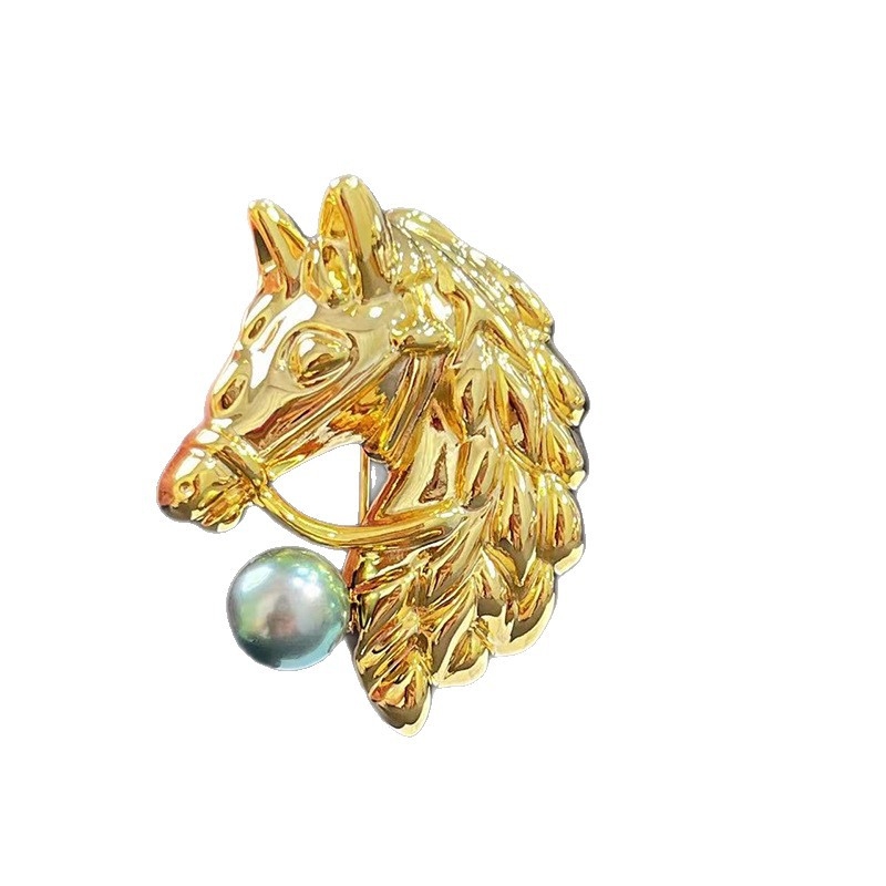 Broșă din cupru, cap de cal, micro-setare, unisex, stil medieval retro-literar