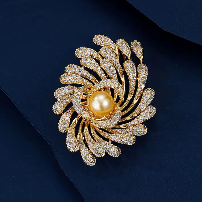 Broš s motivom vatrometa i suncokreta, cinkova zliatina, elektroplatiranje, stil Pine Pearl Corsage