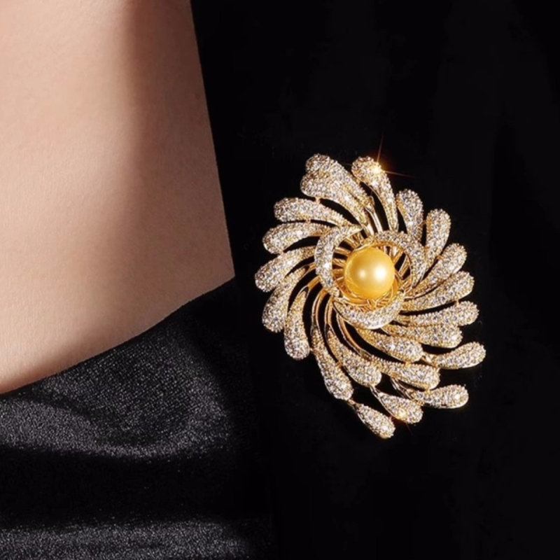 Broš s motivom vatrometa i suncokreta, cinkova zliatina, elektroplatiranje, stil Pine Pearl Corsage