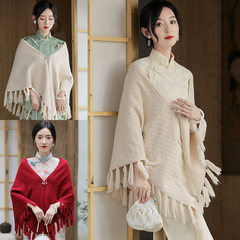 Șal cu ciucuri, tricotat, dantelat, monocrom pentru femei (Material: tricot; Sezoane: iarnă, primăvară, toamnă; Stil: retro etnic)