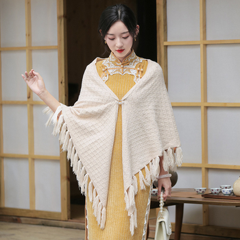Șal cu ciucuri, tricotat, dantelat, monocrom pentru femei (Material: tricot; Sezoane: iarnă, primăvară, toamnă; Stil: retro etnic)