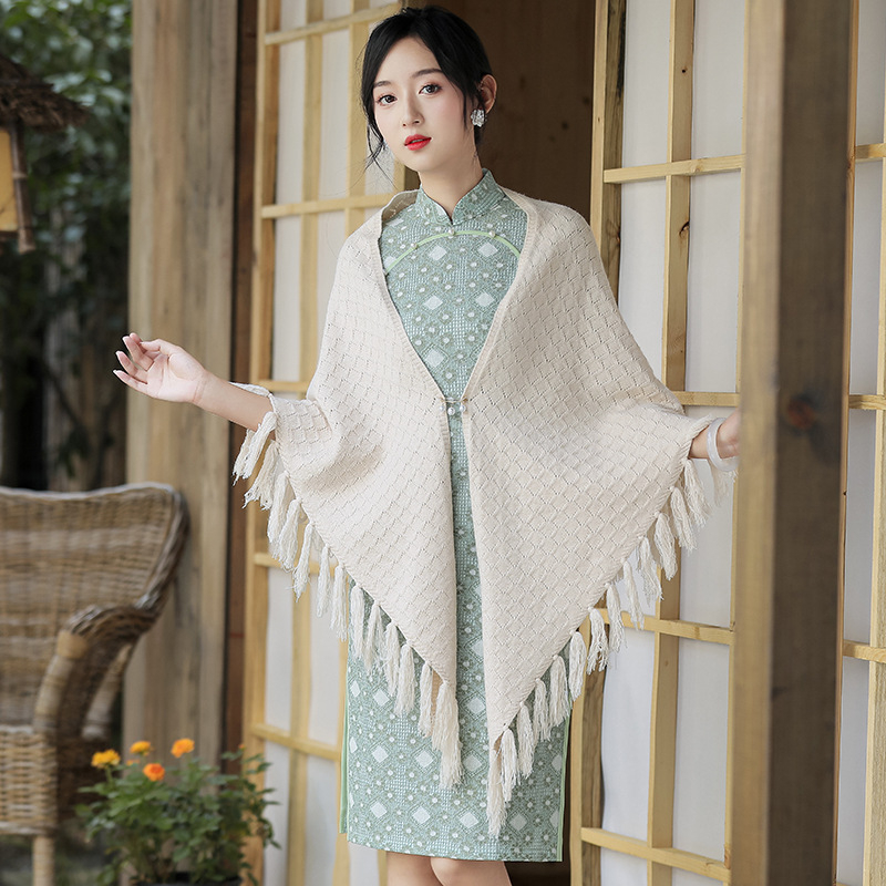 Șal cu ciucuri, tricotat, dantelat, monocrom pentru femei (Material: tricot; Sezoane: iarnă, primăvară, toamnă; Stil: retro etnic)