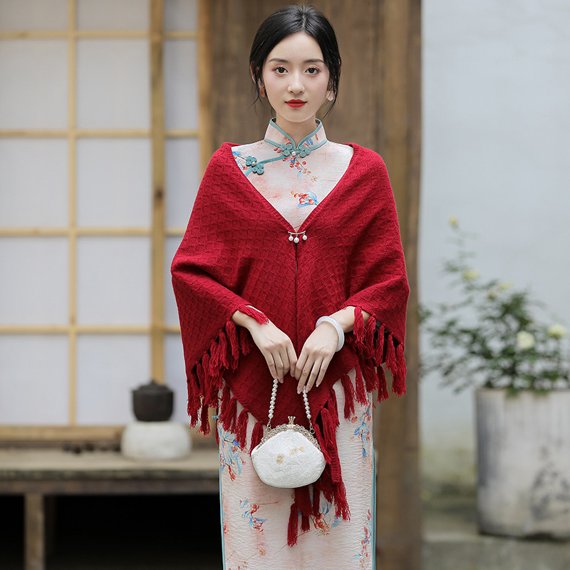 Șal cu ciucuri, tricotat, dantelat, monocrom pentru femei (Material: tricot; Sezoane: iarnă, primăvară, toamnă; Stil: retro etnic)