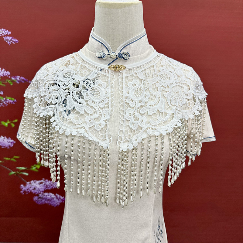 Șal Hanfu cu dantelă, mărgele și ciucuri, tricotat manual, accesoriu elegant pentru ședințe foto (Material: Nylon; Împletire: Warp knit; Model: Monocrom; Procesare: Jacquard; Funcție: Decorare)