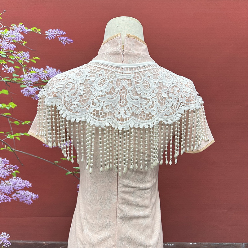 Șal Hanfu cu dantelă, mărgele și ciucuri, tricotat manual, accesoriu elegant pentru ședințe foto (Material: Nylon; Împletire: Warp knit; Model: Monocrom; Procesare: Jacquard; Funcție: Decorare)