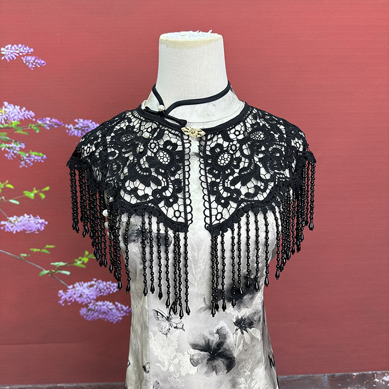 Șal Hanfu cu dantelă, mărgele și ciucuri, tricotat manual, accesoriu elegant pentru ședințe foto (Material: Nylon; Împletire: Warp knit; Model: Monocrom; Procesare: Jacquard; Funcție: Decorare)