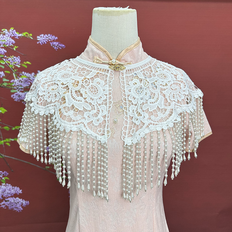 Șal Hanfu cu dantelă, mărgele și ciucuri, tricotat manual, accesoriu elegant pentru ședințe foto (Material: Nylon; Împletire: Warp knit; Model: Monocrom; Procesare: Jacquard; Funcție: Decorare)