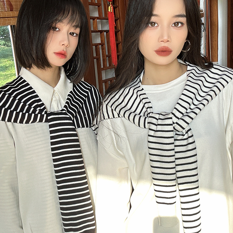 Csíkos kötött sál – gyapjú, japán-koreai stílus, warp kötés, meleg tavaszra és őszre, testreszabás elérhető