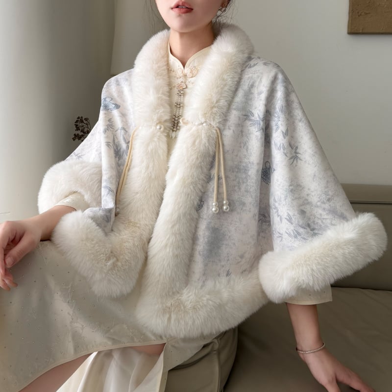 Pelerină pentru femei, căptușită cu fleece, în stil chinezesc, cataramă cu perlă, poliester, model solid (Căptușită cu fleece; Cataramă cu perlă; Poliester; Toamnă/Primăvară/Vară; Model solid)
