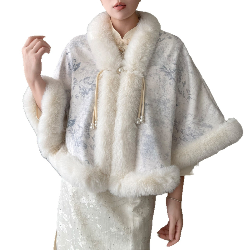 Pelerină pentru femei, căptușită cu fleece, în stil chinezesc, cataramă cu perlă, poliester, model solid (Căptușită cu fleece; Cataramă cu perlă; Poliester; Toamnă/Primăvară/Vară; Model solid)