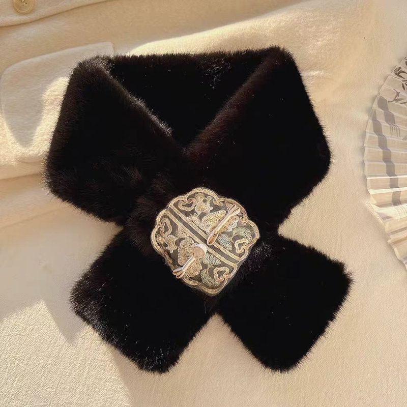 Șal pentru femei în stil antic, cu nasturi încrucișați și guler din blană — pluș gros, imitație de vison, rezistent la vânt, în stoc (Sezon: primăvară; Lansare: vara 2021; Material: Alt; Origine: Alt)